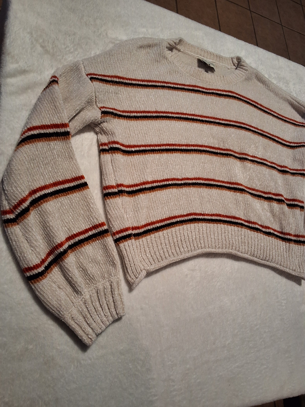 Freshman 1996 Striped Knit Crewneck Sweater - Cream with Rust & Black Accents